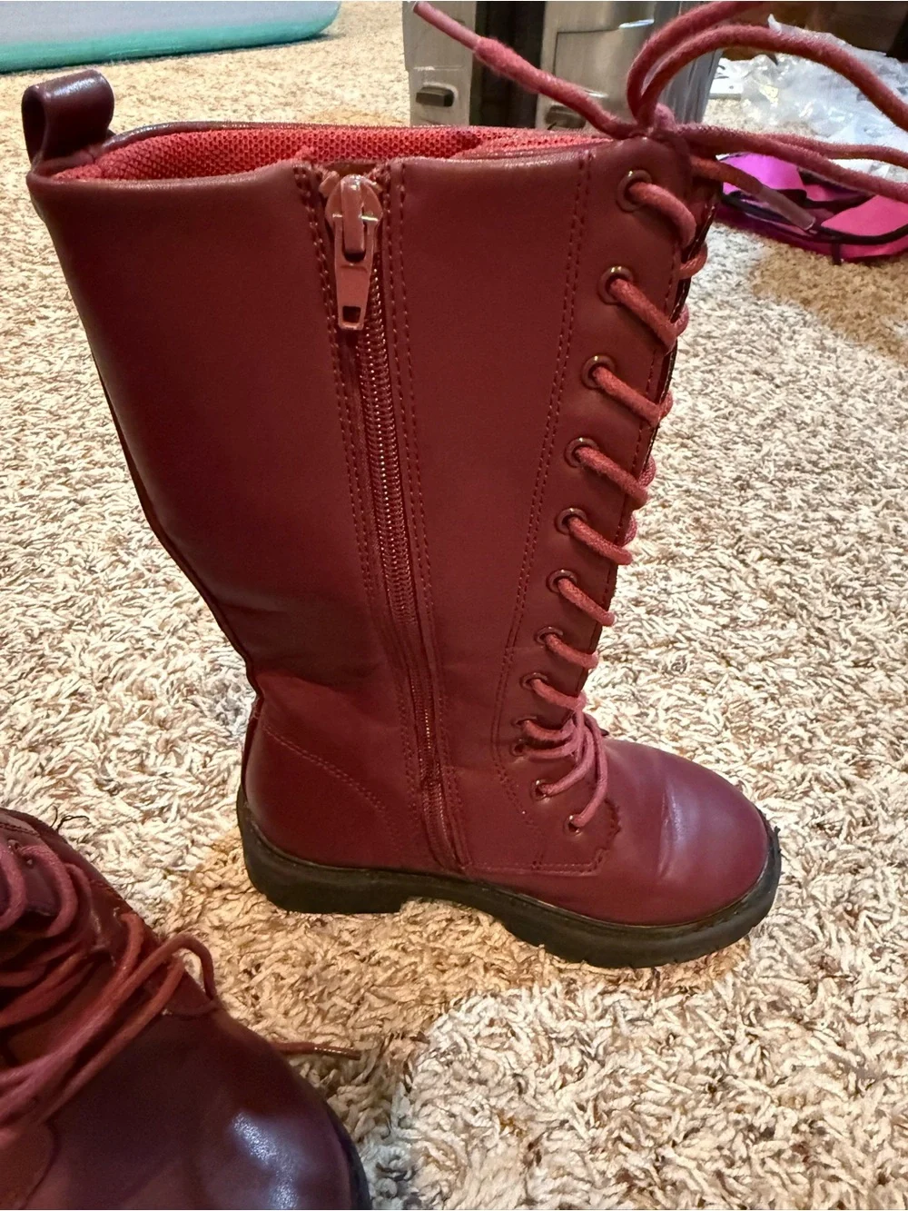 Toddlers Lace-Up Mid-Calf Combat Boots - Burgundy